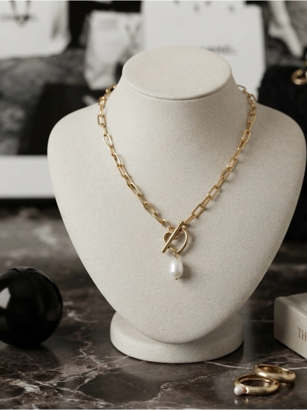 18k Gold Plated Toggle Heart Necklace with Pearl Charm Y-Necklace